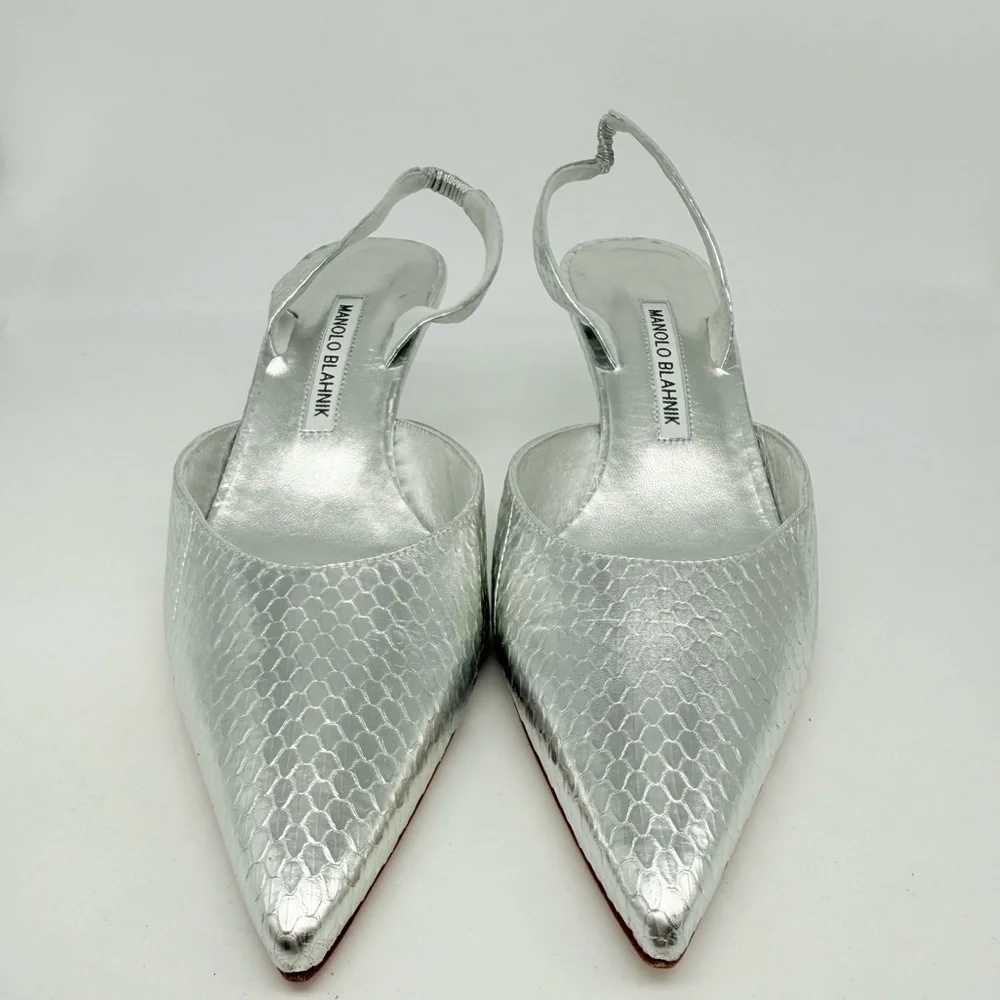 Manolo Blahnik Metallic  silver Snakeskin Carolyne 50mm slingback pumps EU 41